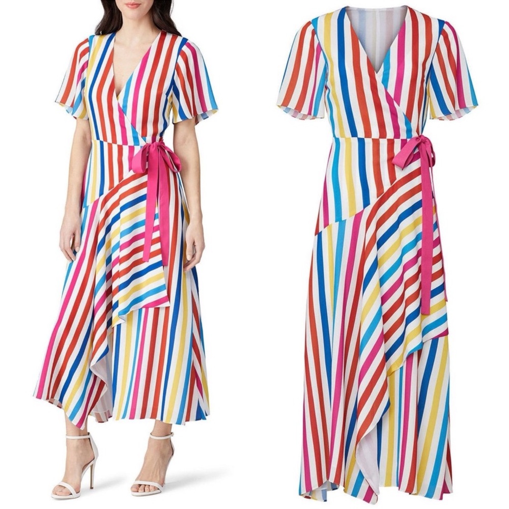 Striped V-Neck Wrap Maxi Dress with Pink Tie